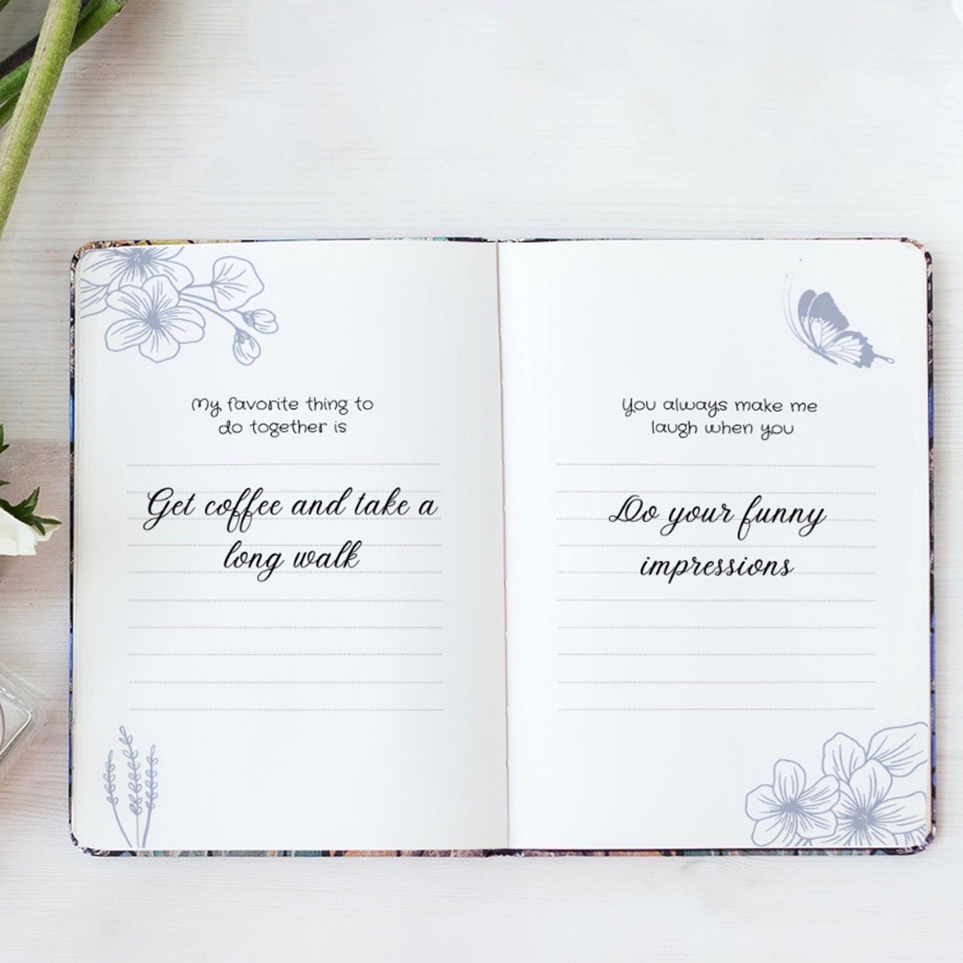 Unique gift for aunt from niece. Custom book for aunt. Interior of book with example prompts and responses. Luhvee Books.